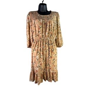 Luna Cottagecore Floral Smocked Midi‎ Dress Tan Boho Prairie Style Medium